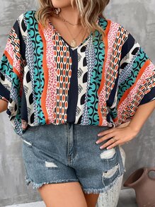 SHEIN LUNE Plus Geo Print Batwing Sleeve Blouse - Multicolor - View 3