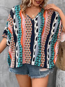 SHEIN LUNE Plus Geo Print Batwing Sleeve Blouse - Multicolor - View 4