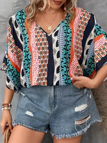 SHEIN LUNE Plus Geo Print Batwing Sleeve Blouse - Multicolor - View 5