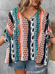 SHEIN LUNE Plus Geo Print Batwing Sleeve Blouse - Multicolor - View 6