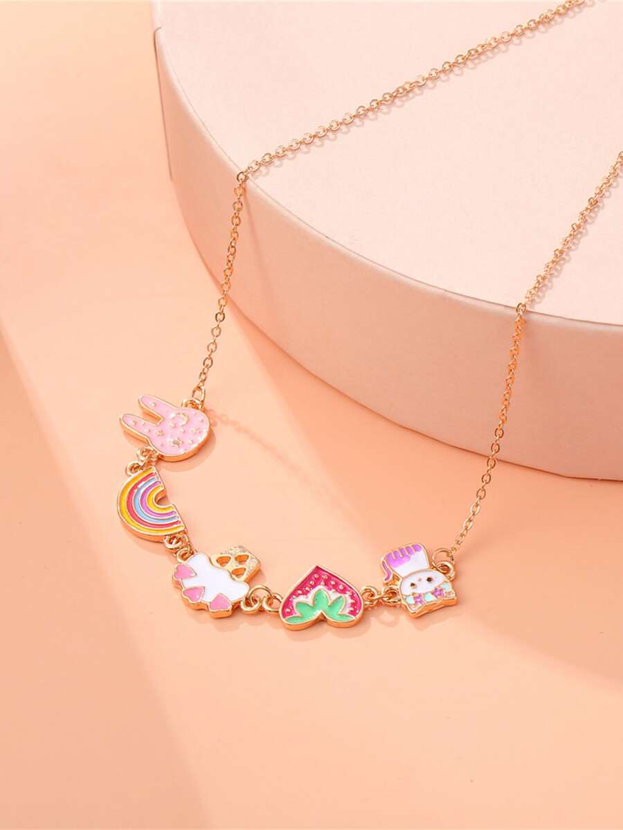 女孩卡通兔子和彩虹吊墜項鏈 - 彩色 - 查看 1