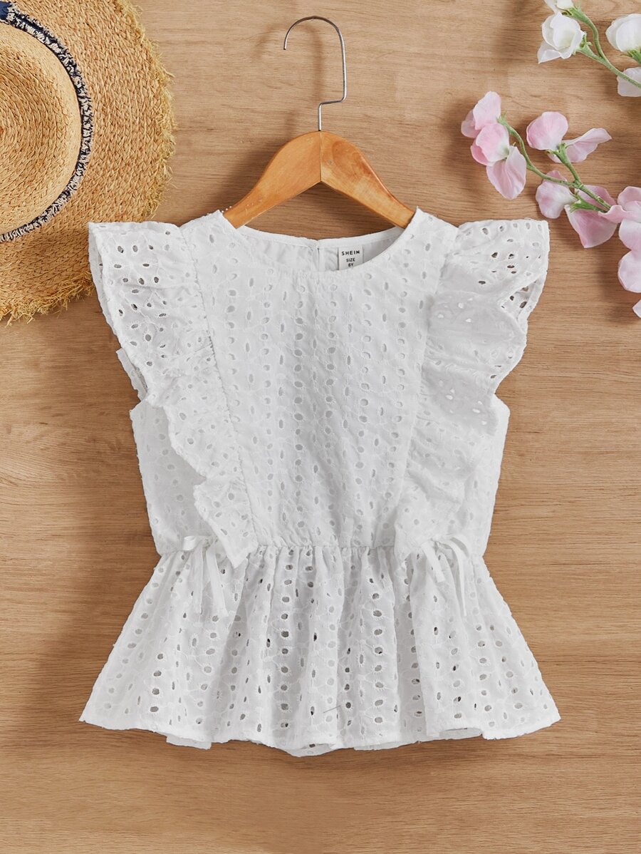 SHEIN 女孩網眼刺繡荷葉邊荷葉邊下擺襯衫 - 白色 - 查看 1