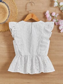 SHEIN 女孩網眼刺繡荷葉邊荷葉邊下擺襯衫 - 白色 - 查看 2