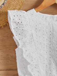 SHEIN 女孩網眼刺繡荷葉邊荷葉邊下擺襯衫 - 白色 - 查看 3