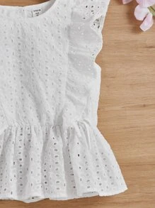 SHEIN 女孩網眼刺繡荷葉邊荷葉邊下擺襯衫 - 白色 - 查看 5