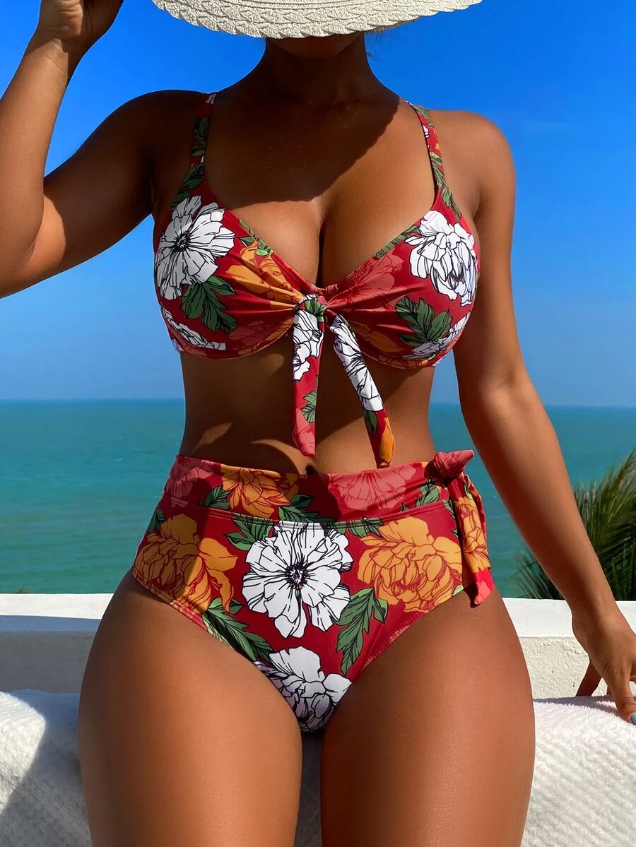 花卉印花打結前扣推進式夏季海灘比基尼套裝 - 彩色 - 查看 1