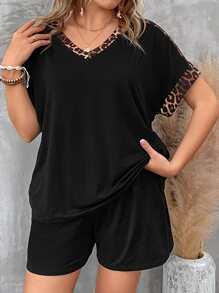 SHEIN LUNE 大碼豹紋印花蝙蝠袖T恤和短褲 - 黑色 - 查看 4