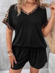 SHEIN LUNE 大碼豹紋印花蝙蝠袖T恤和短褲 - 黑色 - 查看 6