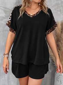 SHEIN LUNE 大碼豹紋印花蝙蝠袖T恤和短褲 - 黑色 - 查看 7