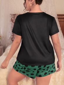 Plus Cartoon & Letter Graphic Tee & Dalmatian Print Shorts PJ Set - Multicolor - View 2