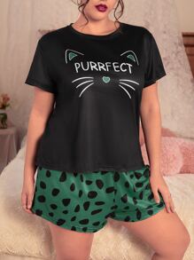Plus Cartoon & Letter Graphic Tee & Dalmatian Print Shorts PJ Set - Multicolor - View 3