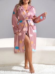 Plus Polka Dot Print Belted Robe - Dusty Pink - View 2