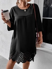 SHEIN LUNE Plus Laser Cut Scallop Trim Dress - Black - View 3