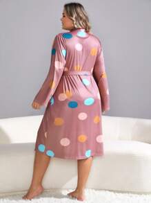 Plus Polka Dot Print Belted Robe - Dusty Pink - View 3