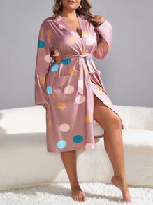 Plus Polka Dot Print Belted Robe - Dusty Pink - View 5