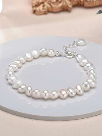 Braccialetto di perle barocche bianche di acqua dolce da 5-6 mm, naturale, semplice e versatile