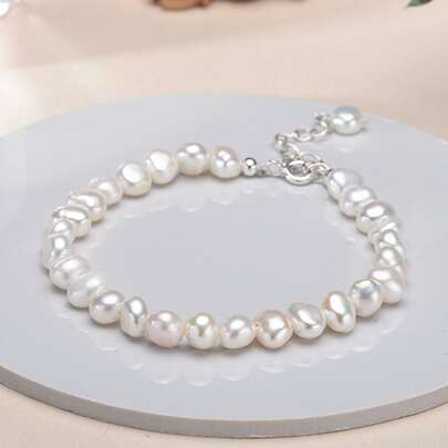 5-6mm White Freshwater Baroque Pearl Beaded Bracelet, Natural, Simple & Versatile