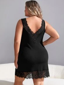 Plus Contrast Lace Tank Nightdress - Black - View 2