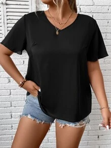 SHEIN LUNE Plus Solid V Neck Blouse - Multicolor - View 3