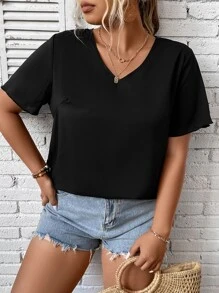 SHEIN LUNE Plus Solid V Neck Blouse - Multicolor - View 4