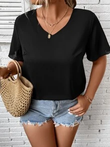 SHEIN LUNE Plus Solid V Neck Blouse - Multicolor - View 6