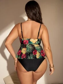 SHEIN Swim Curve Plus Size Tropical Print Ruffle Hem Push Up Tankini Summer Beach - Multicolor - View 2