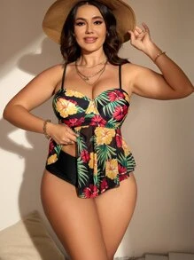 SHEIN Swim Curve Plus Size Tropical Print Ruffle Hem Push Up Tankini Summer Beach - Multicolor - View 4