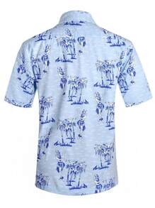 男士人像和熱帶圖案前排扣襯衫 - 淺藍色 - 查看 2