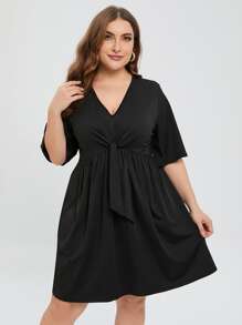 SHEIN LUNE Vestido línea A unicolor con nudo delantero - Negro - Ver 1