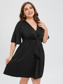 SHEIN LUNE Vestido línea A unicolor con nudo delantero - Negro - Ver 3