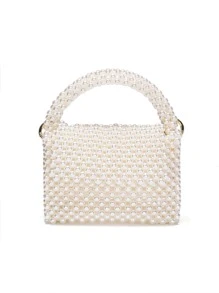 手工珍珠串珠翻蓋流蘇手提包 - 白色 - 查看 1
