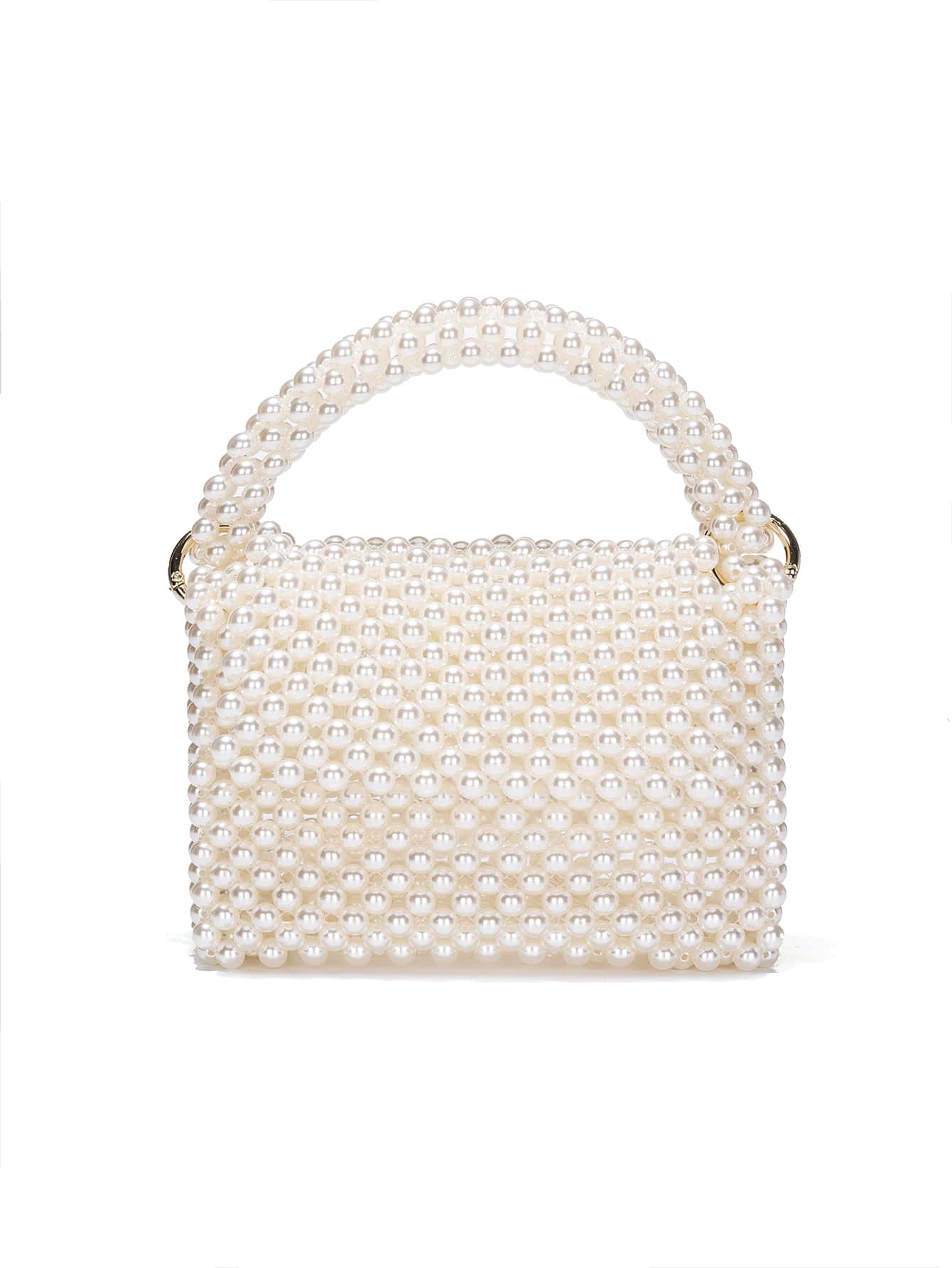手工珍珠串珠翻蓋流蘇手提包 - 白色 - 查看 1