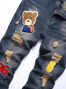 Quần Jeans Rách Nam Bear & Number Patched - Rửa tối - Xem 4