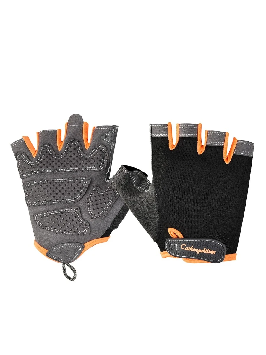 1雙字母貼飾透氣露指運動手套 - 橘色 - 查看 1