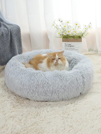 1件式毛絨（不可拆卸）圓形加厚保暖寵物床，適合中小型貓狗四季室內睡覺