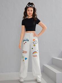 SHEIN Teen Girls Cartoon & Letter Graphic Ripped Jeans - White - View 3