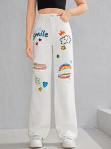 SHEIN Teen Girls Cartoon & Letter Graphic Ripped Jeans - White - View 1