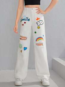 SHEIN Teen Girls Cartoon & Letter Graphic Ripped Jeans - White - View 4