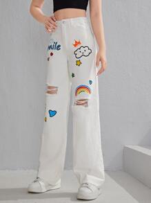 SHEIN Teen Girls Cartoon & Letter Graphic Ripped Jeans - White - View 5