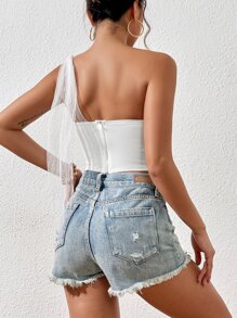 SHEIN Privé Áo nữ Bất đối xứng Lộ Lưng Tương phản Mesh cắt Dây kéo màu trơn Thanh lịch - trắng - Xem 3