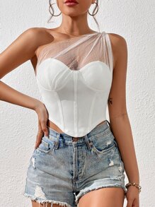 SHEIN Privé Áo nữ Bất đối xứng Lộ Lưng Tương phản Mesh cắt Dây kéo màu trơn Thanh lịch - trắng - Xem 4