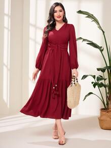 Modelyn 勃艮第红灯笼袖系带荷叶边下摆连衣裙 - 酒紅色 - 查看 1