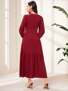 Modelyn 勃艮第红灯笼袖系带荷叶边下摆连衣裙 - 酒紅色 - 查看 2