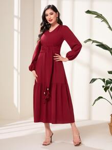 Modelyn 勃艮第红灯笼袖系带荷叶边下摆连衣裙 - 酒紅色 - 查看 3