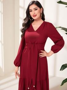 Modelyn 勃艮第红灯笼袖系带荷叶边下摆连衣裙 - 酒紅色 - 查看 5