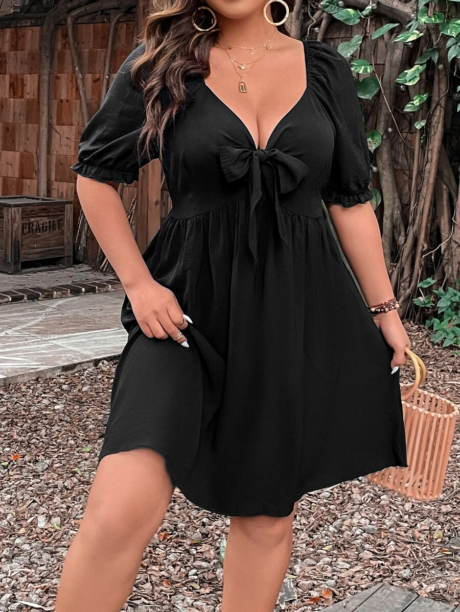 SHEIN LUNE Plus Knot Front Puff Sleeve Dress - Black - View 1