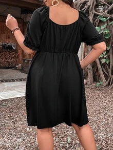 SHEIN LUNE Plus Knot Front Puff Sleeve Dress - Black - View 2