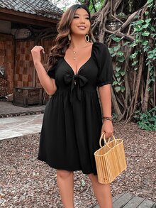 SHEIN LUNE Plus Knot Front Puff Sleeve Dress - Black - View 3