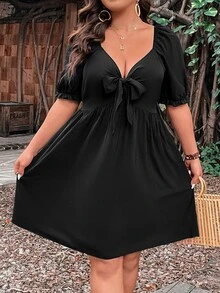 SHEIN LUNE Plus Knot Front Puff Sleeve Dress - Black - View 5