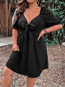 SHEIN LUNE Plus Knot Front Puff Sleeve Dress - Black - View 6